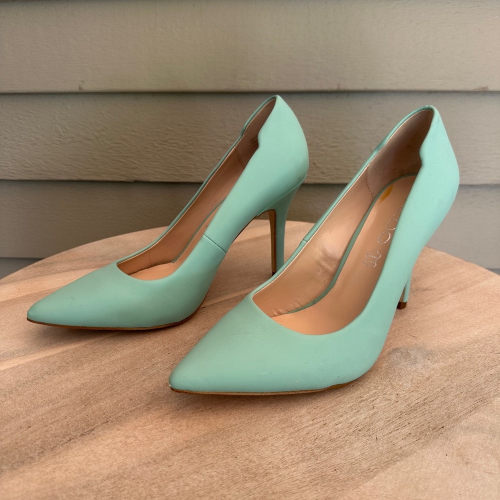 Aldo Mint Green Leather Pointed Toe Stiletto Pumps Scalloped Heel Womens 8 38.5 - Picture 4 of 13